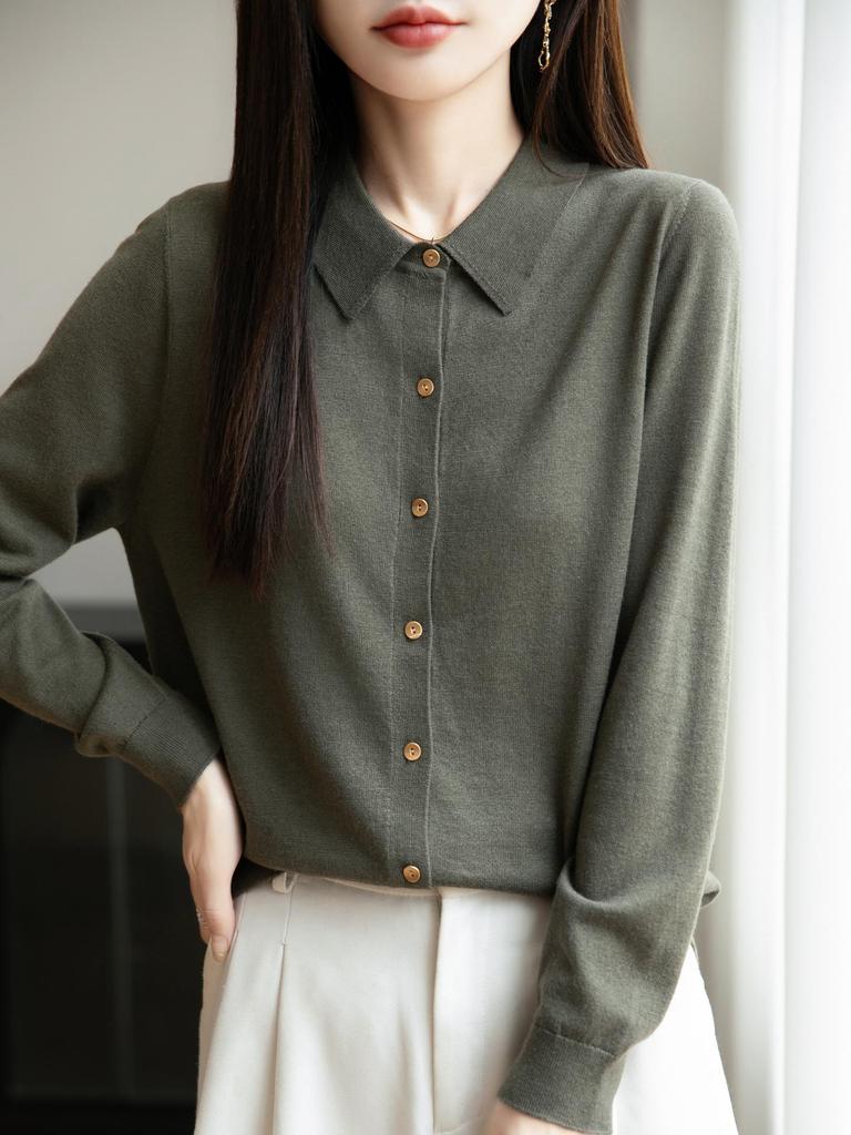 Женский вязаный кардиган на начало осени: Свитер-топ с воротником поло и длинными рукавами