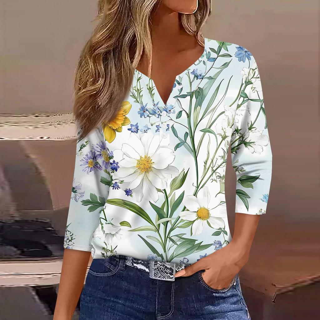 Жен. Футболка С принтом Пуговицы Рукав 3/4 Повседневные Выходные Мода Классический Классический V-образный вырез Обычный Верх