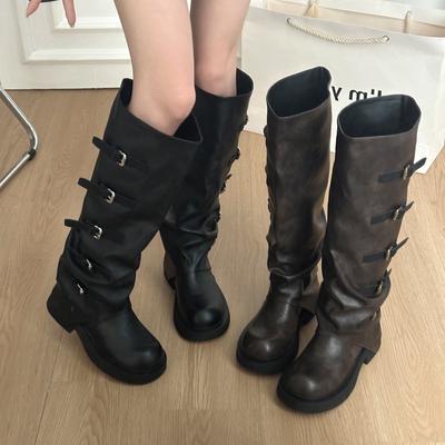 Ретро плиссированные ботфорты женские 2025 новые длинные ковбойские сапоги в западном стиле высокий толстый каблук толстая подошва ботинки Мартин женские