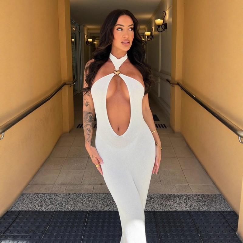 Womens White Halter Neck Maxi Dress Sexy Hollow Out Backless Metal Detail Slim Fit Casual Party Wear