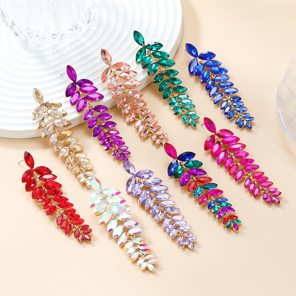 Colorful Diamond Flower Earrings for Women, Bold European Style Long Leaf Design, Perfect for Banquets