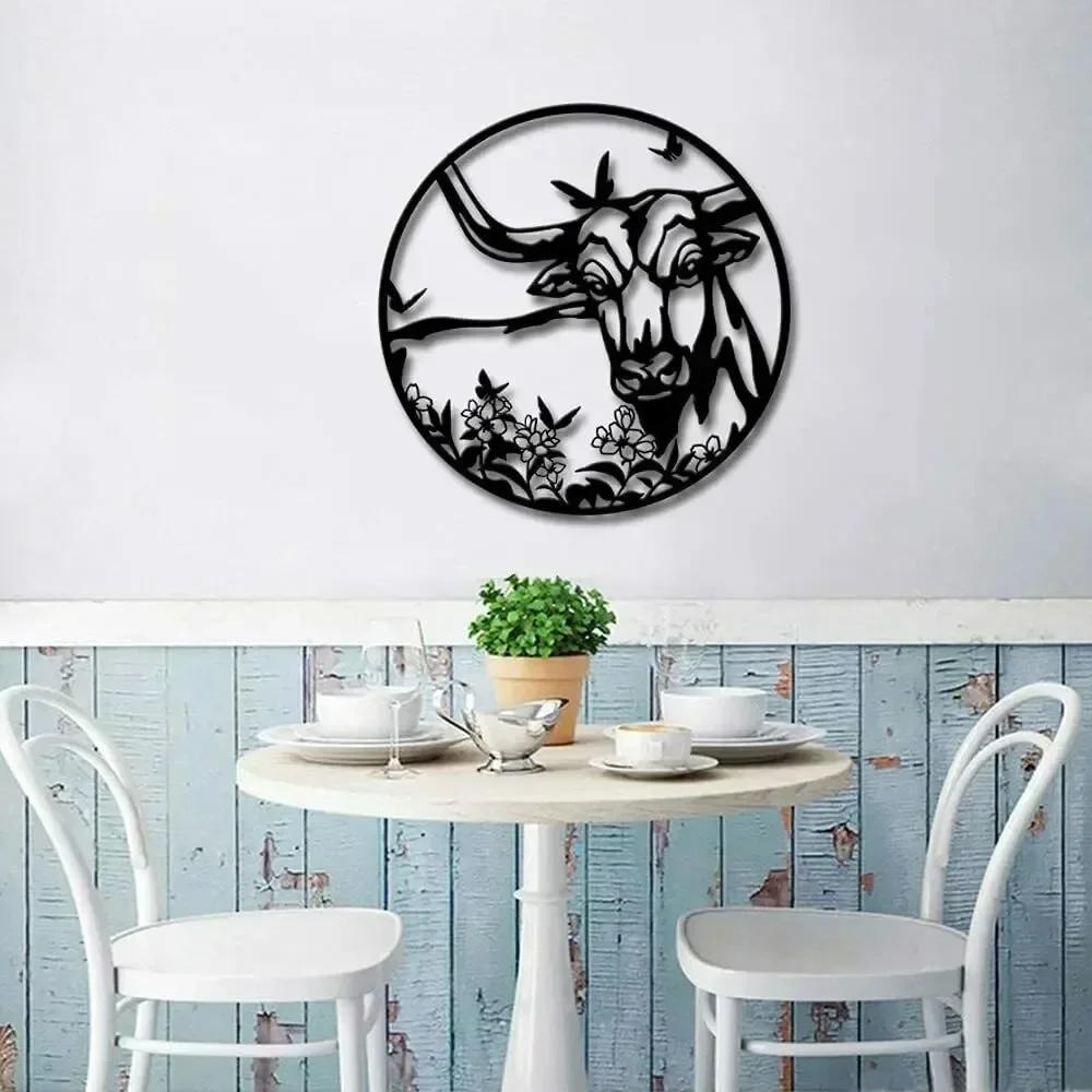 1pc Highland Cow Metal Wall Decor Texas Longhorn Cattle Artwork Animal Wall Art Sticker Interior Living Room/Home Decoration