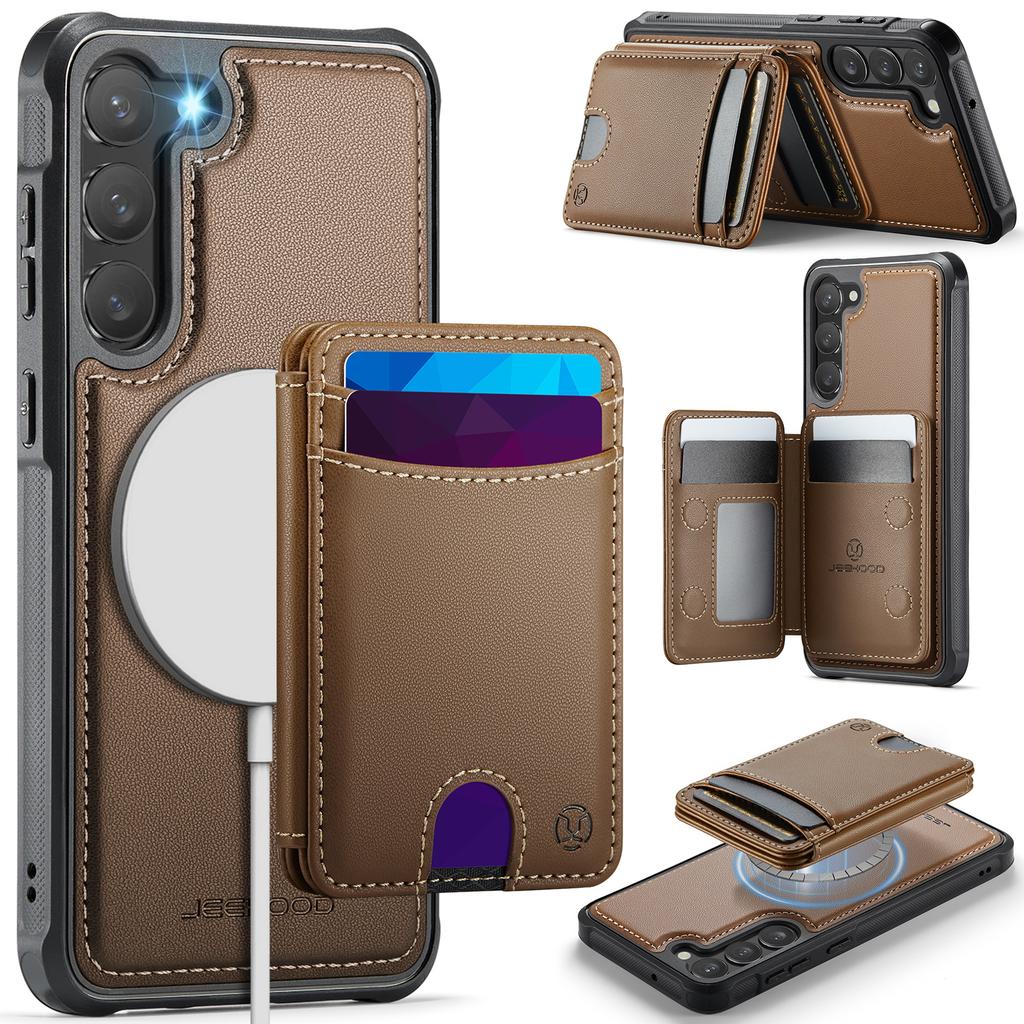 For Samsung Galaxy S23 Magnetic Case JEEHOOD J10 Leather Back Phone Cover with Detachable Card Holder Kickstand