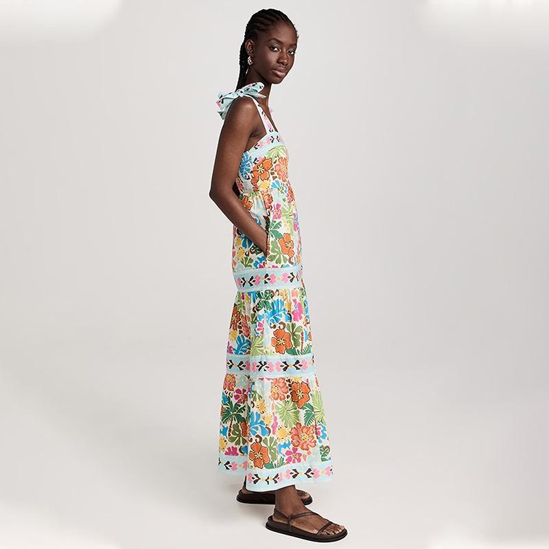 Женские летние свободные платья без рукавов с высокой талией и ботаническим принтом через шею