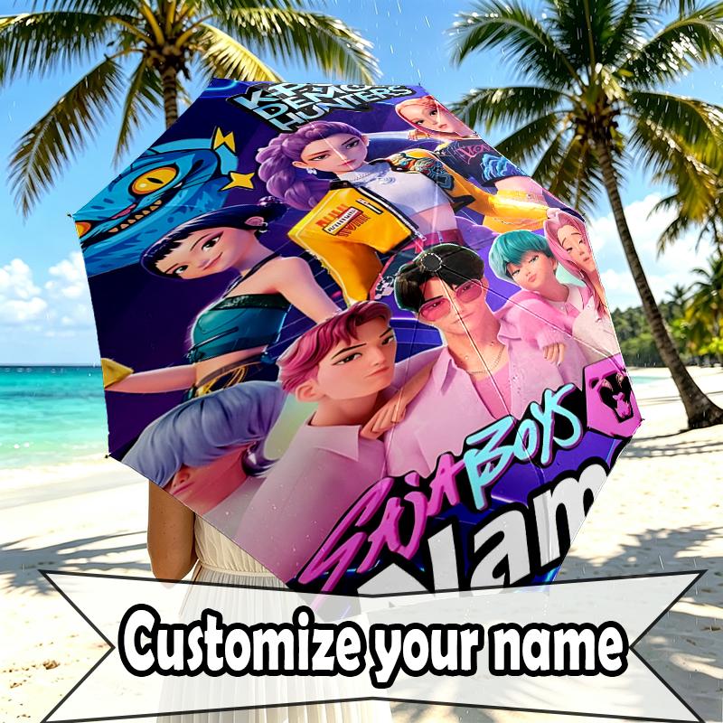 Custom Name Personalized KPop Demon Hunters Print Umbrella, Auto Open Close, 8‑Rib Sturdy Frame, Commute Camping Hiking Use, Birthday Gift
