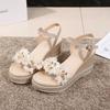 New Female Ankle Strap Buckle Rhinestone Crystal Sandals 2024 Summer Women Round Toe High Heels Fashion Ladies Wedges Shoes Gold