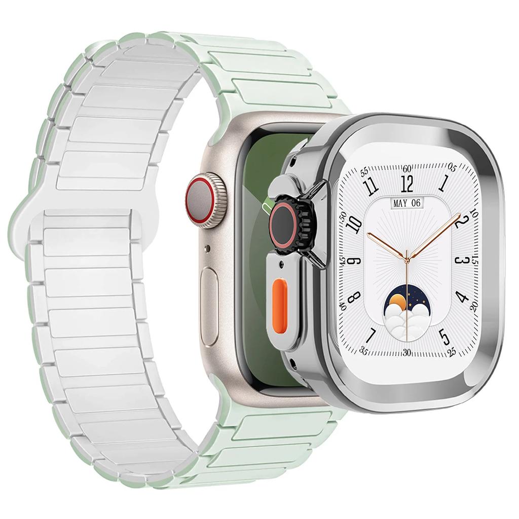 Ремешок+Чехол для Apple Watch Ultra 2 49 42 45 44 S10 46мм Магнитный силиконовый ремешок+чехол для IWatch Series 9 8 7 6 5 4 42мм 40 41мм