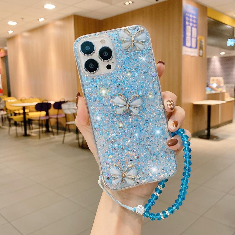 Applicable to Apple 17Pro glitter jade butterfly hand rope Epoxy 15 mobile phone case iPhone14 butterfly 16Pro max