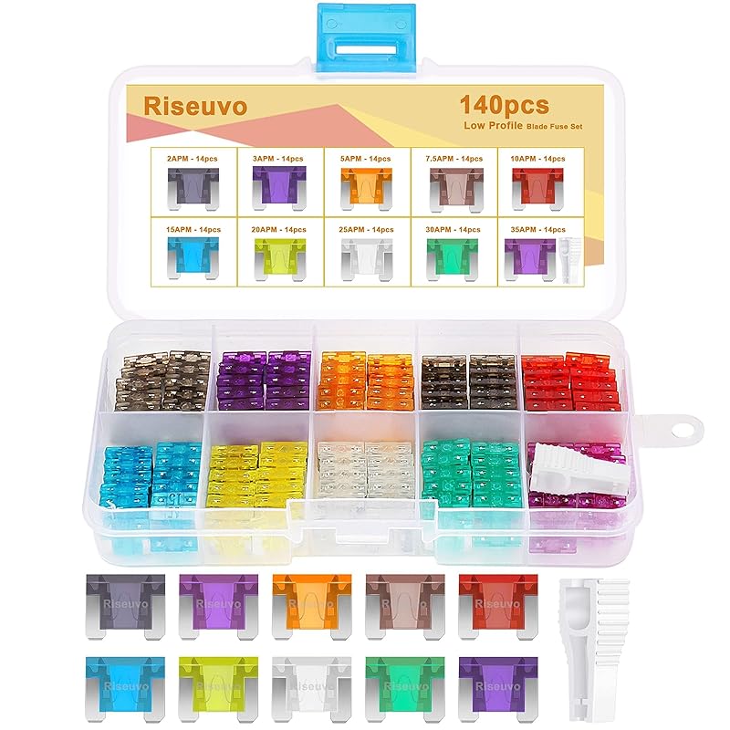 Riseuvo 140 Pcs Low Profile Mini Fuse Kit - Automotive Blade Fuses Assortment Kit For Car, Truck, RV, Boat With Fuse Puller (2A 3A 5A 7.5A 10A 15A