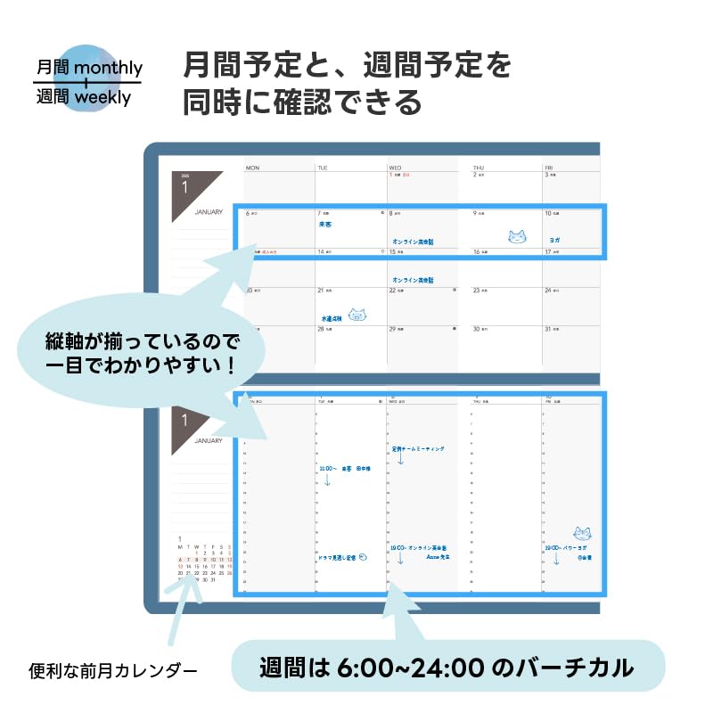 TETEFU 2026 Складной планер, Начало с января, Месячный и недельный [Набор] [Бирюзовый] TETEFU Диаграмма Ганта, Вертикальный недельный, Ito Techo M-W-TQ