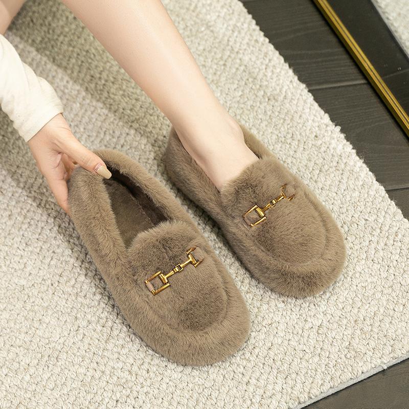 2023 Winter Women's Outdoor Plush Warm Shoes Korean Style Metal Decoration Snow Boots White Boat Shoes Ladies' Casual Flats