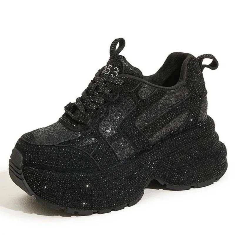 Модная женская обувь со стразами, осенняя, модная и универсальная, с увеличением внутренней высоты, женская обувь на толстой подошве, повседневная спортивная обувь