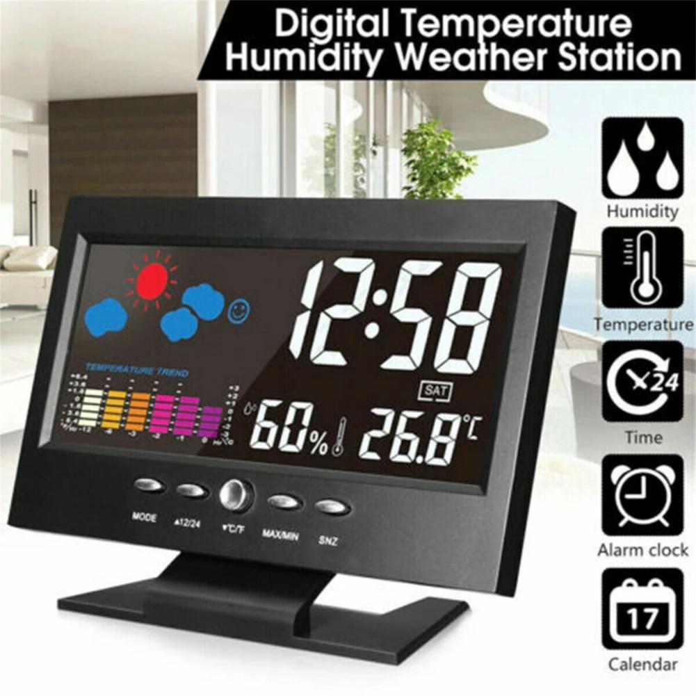 Alarm Clock With Large Color Voice Controlled Touch Screen, USB Cable, Humidity Test, 5-in-1 Meteorological Station For Bedroom, Living Room