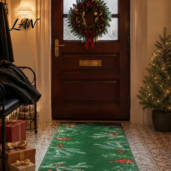 Hallway Runner Rug Christmas Rug, Watercolor Pine Branches Berries Pattern, Indoor Entryway Non Slip Kitchen Floor Mat 47.24"x15.75" for Holiday Home