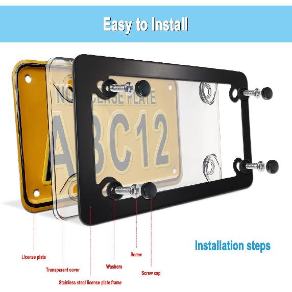 Motorcycle License Plate Covers- Bubble License Plate Protector And Black Stainless Steel Metal License Plate Frame, Unbreakable Protective Cover Is