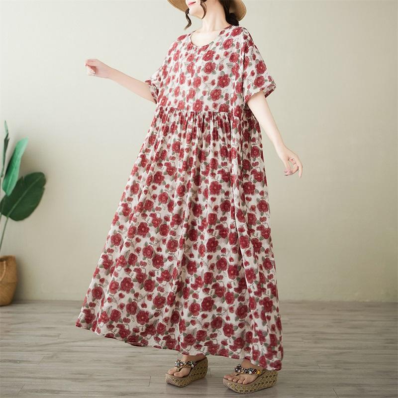 Новое хлопковое винтажное платье с цветочным принтом больших размеров с коротким рукавом для женщин, повседневное свободное длинное летнее платье