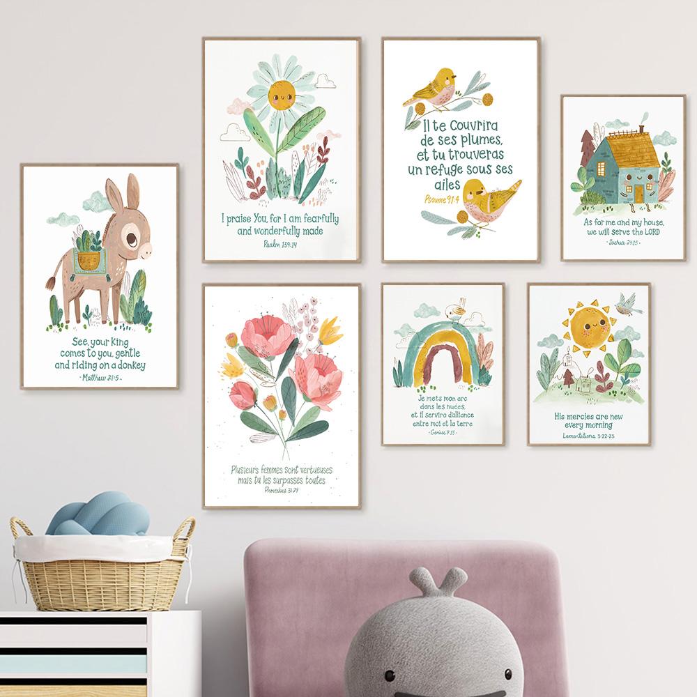 Bible Verse Wall Art Canvas Painting Christian Nursery Animal House Sun Flowers Quotes Print Nordic Poster for Living Room Decor