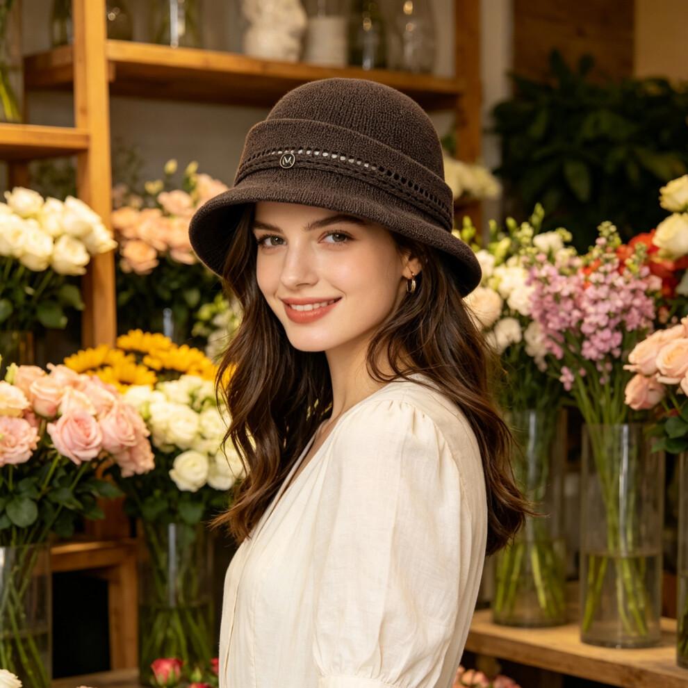 (One Size, Coffee) Women's Bucket Hat Hollow Knit Breathable Fisherman Cap Stylish Decorative Letter Detail Sun Hat