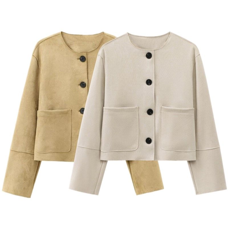 Fashion Style 2024 Autumn New Women's Clothing All-Matching Suede Texture Round Neck Long Sleeves Jacket Outwear 6318233