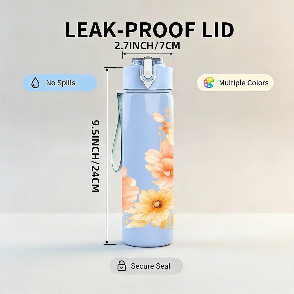 1PC Soft Orange Peony Floral Simple Art 750ml Color Plastic Sports Water Bottle Leakproof Flip Straw Lid Suitable for Sports Office Home Use