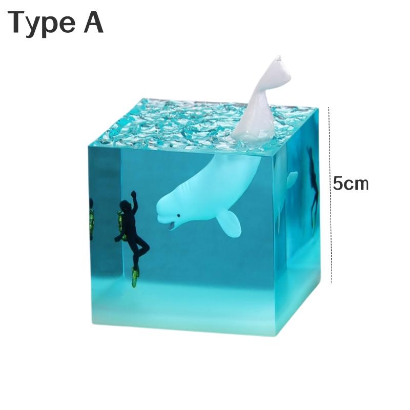 3D Морской куб с китом Светодиодная настольная лампа Украшения из смолы Новинка Акула Дайвер Океан Микро Пейзаж Настольные ночники Аксессуары