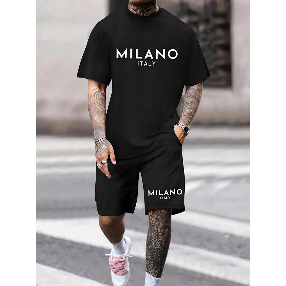 Summer Everyday Casual Men's Short Sleeve Shorts Set Colorful Bear Print Men's T-shirt And Colorful Graffiti Print Shorts Set