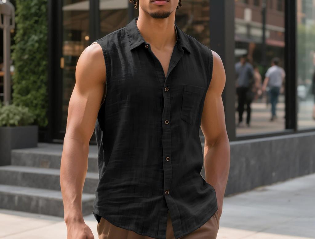 European Men's Casual Sleeveless Linen Lapel Shirt