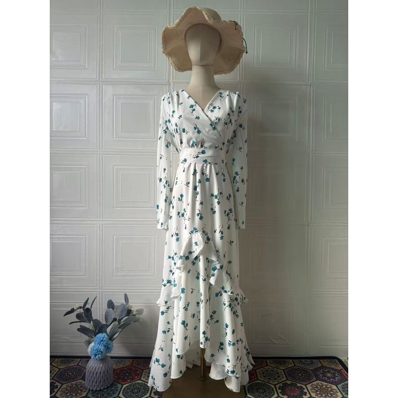 Gentle Style Fresh Floral Frill Long Dress Women Length Dress