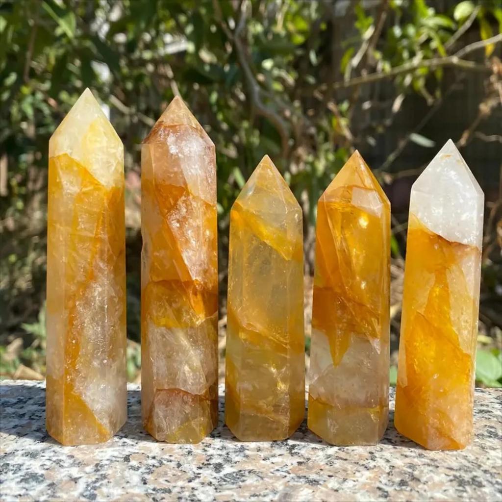 Natural Yellow Phantom Citrine Quartz Six-Sided Crystal Point Ornament