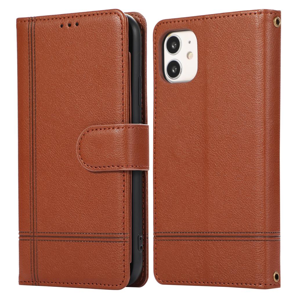 For iPhone 11 Cell Phone Case Lines Imprinted Built-in Mirror Anti-drop Leather Cover with 2 Straps