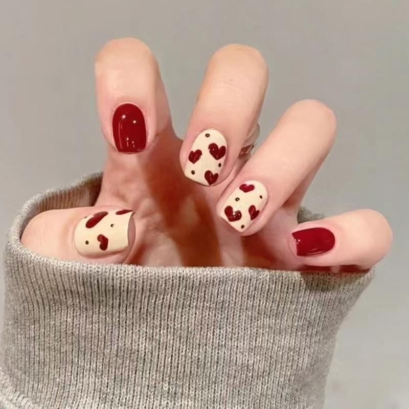 24Pcs Short Square 3D Gilded Red Heart Press On Nails Reusable Full Cover False Nail Tips
