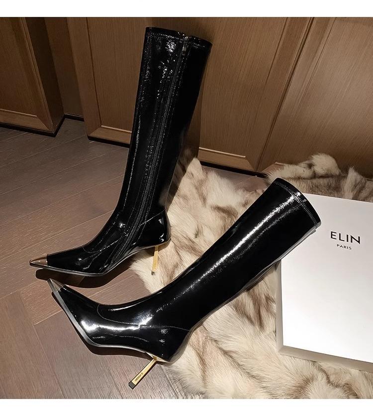 YX новые тонкие сапоги квадратный носок тонкий каблук боковая молния лакированная кожа но до колена женские железный носок высокий каблук короткие сапоги высокие сапоги