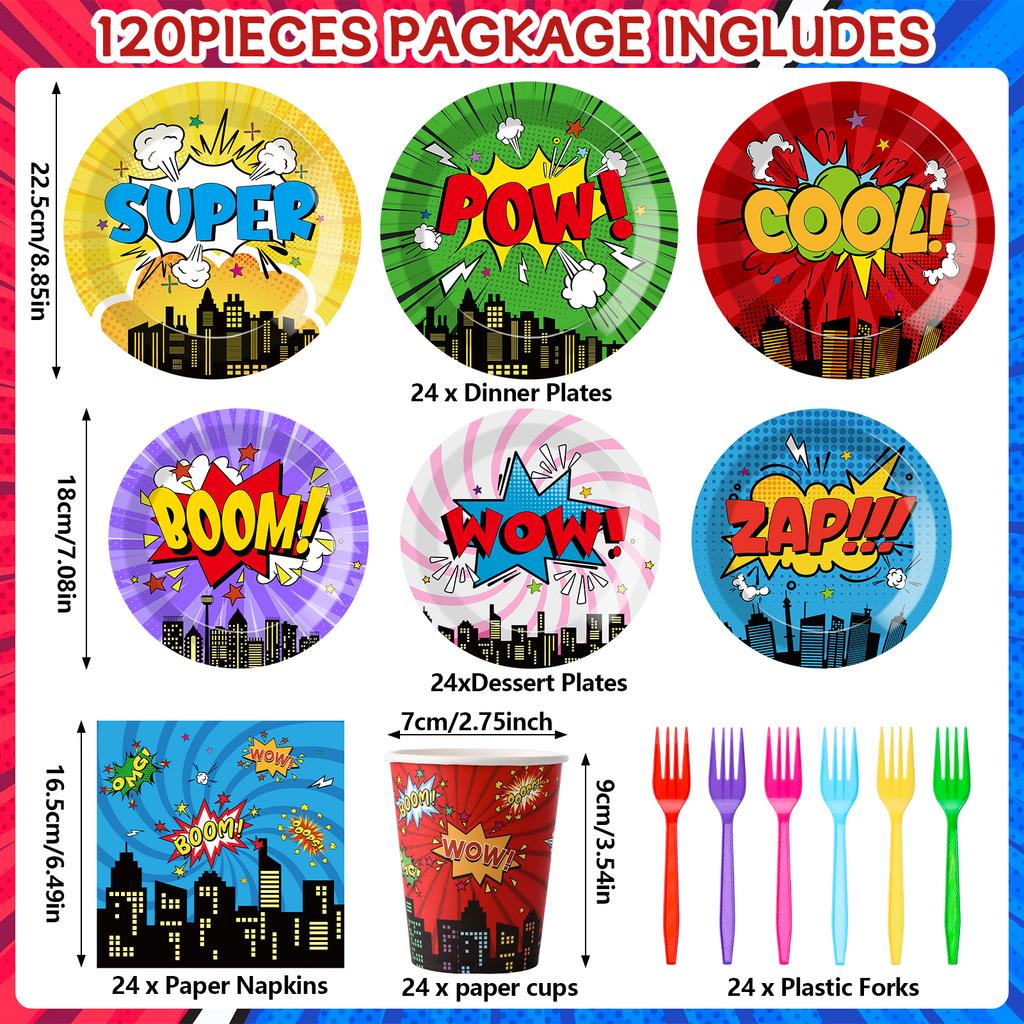 120 шт. Тарелки, стаканчики и салфетки Super Theme Party, вилки для дня рождения с героями комиксов, декорации 'S Action Sign Cityscape