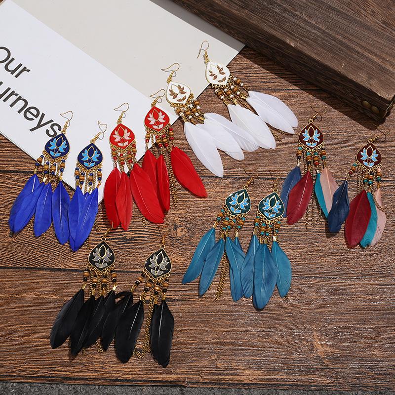 Bohemian Feather Long Earrings Personalized Chain Fringed Ear Hook Red Earrings