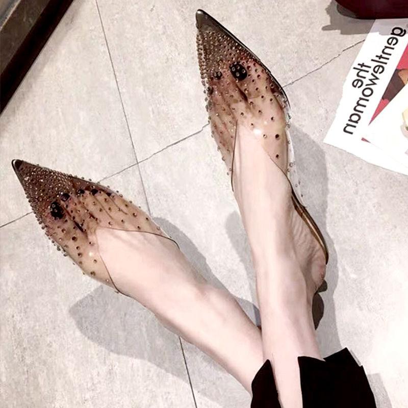 Прозрачные босоножки на каблуках, женские тапочки, мюли со стразами, женская обувь 2024 года, модная элегантная обувь на среднем каблуке, новинка лета 2024 года