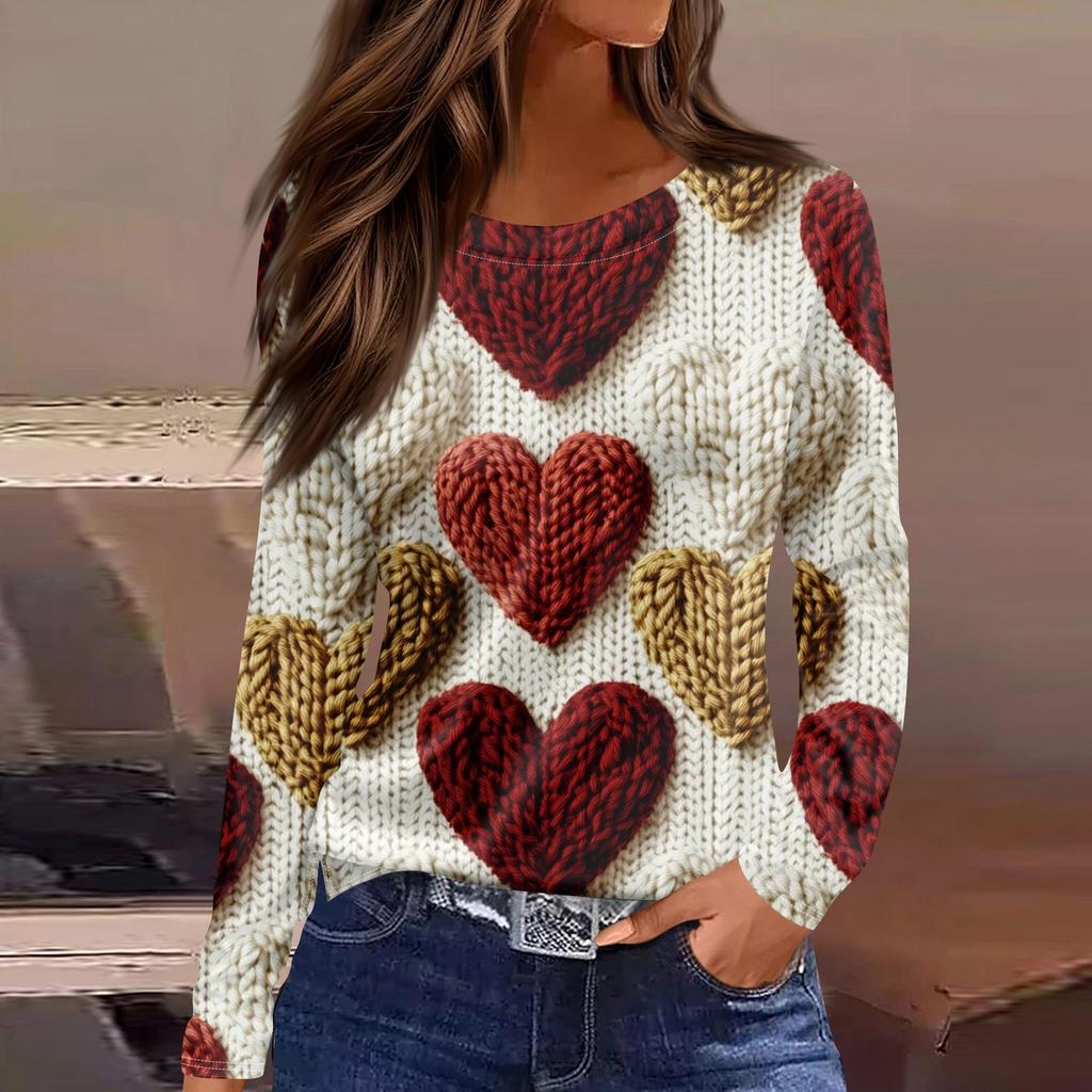 Women's Fashion Valentine's Day Printed Round Neck Casual  Long Sleeve Top