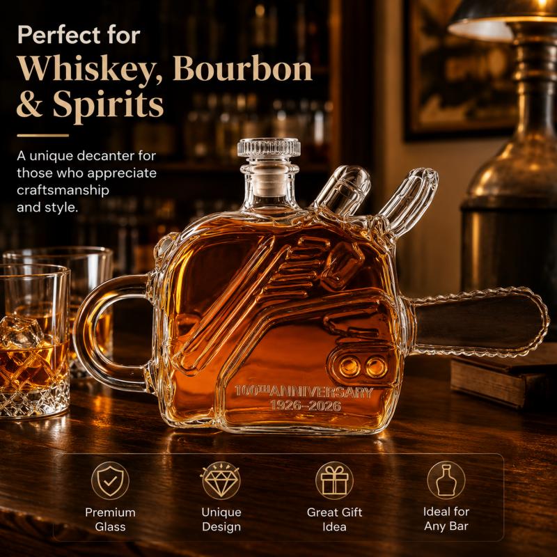 Creative Chainsaw Shaped Glass Whiskey Decanter 100th Anniversary Liquor Bottle for Home Bar Display Gift