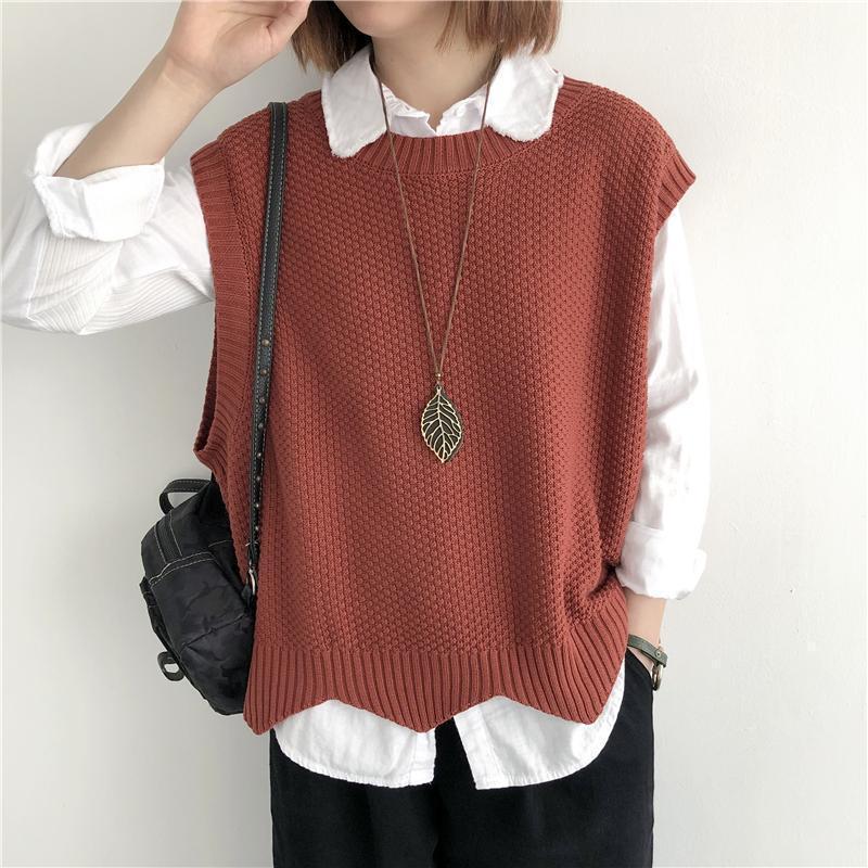 Fashion Knitted Vest Women's Clothes 2024 Autumn Solid Color Loose Round Neck Irregular Pullover Short Vest Outside The Waistcoat Winter