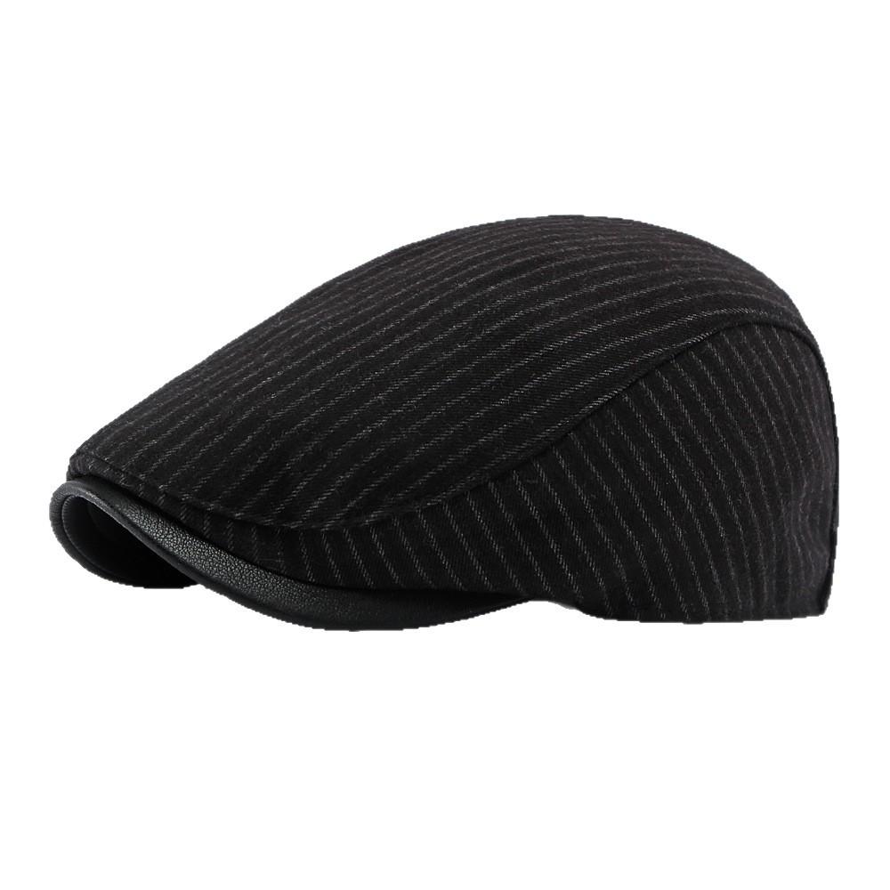 Japanese Style Pinstripe Flat Cap, PU Leather Brim Newsboy Hat, Vintage Casual Duckbill Beret for Men and Women