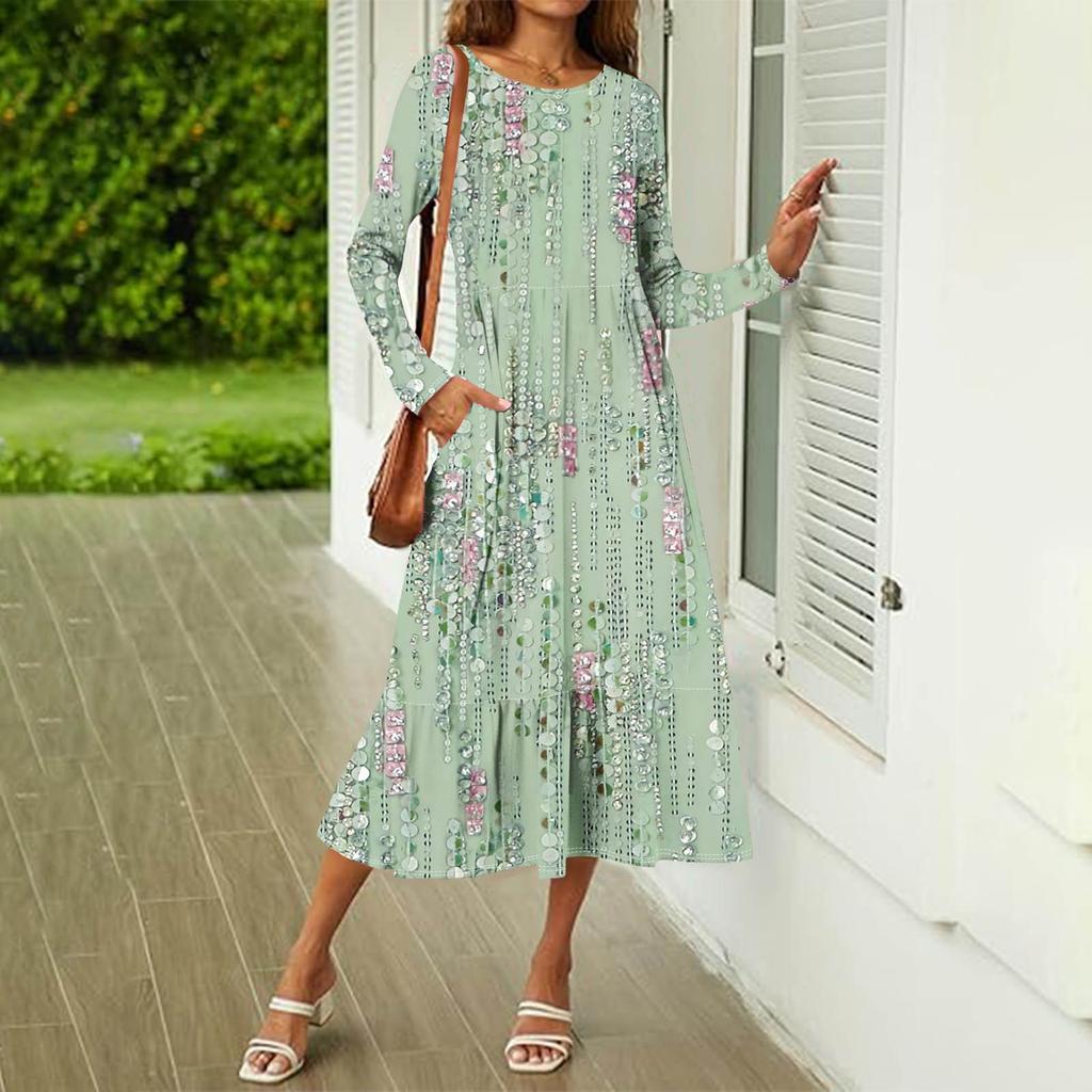 Женское повседневное платье с принтом, весна-осень, карман, круглый вырез, длинные рукава, платья