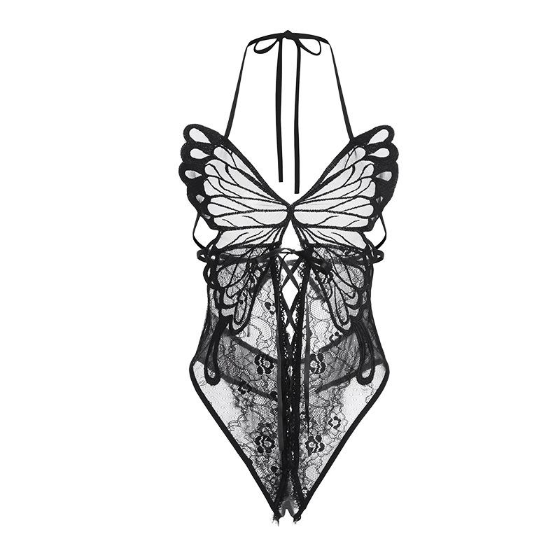 Women's Butterfly Sheer Halter Backless Bodysuit Costume Set