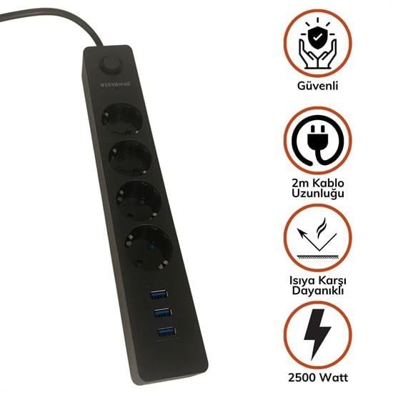Termak Surge Protected Extension Cable with 4 Sockets and 3 USB Ports Power & Charging