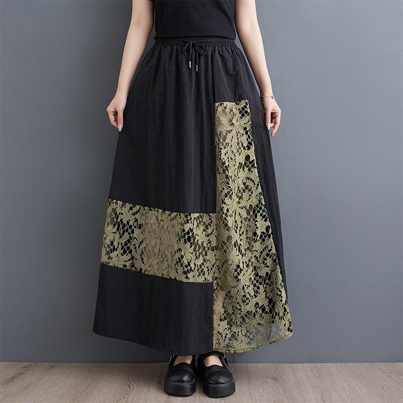 Черное хлопковое кружево больших размеров, винтажная летняя повседневная свободная длинная юбка с высокой талией для женщин, женская юбка