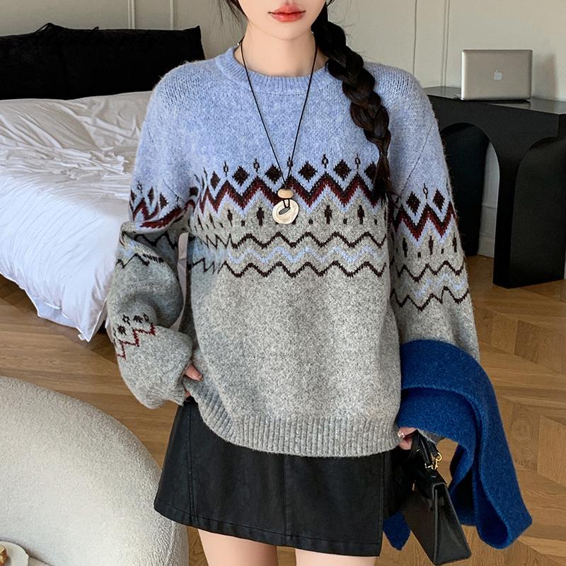 Корейская Мода Осень Зима Женский Базовый Свитер О-образный вырез Контрастный цвет Вязаный пуловер Длинный рукав Толстый Теплый Вязаный Верхняя одежда