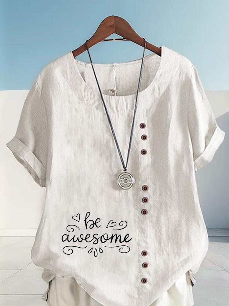Women's Fashion Black Letters Printing Shot Sleeve T-shirt Loose Cotton Shirt Casual Loose Summer Blouse Tops Plus Size