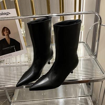 Сексуальные туфли на высоком каблуке с острым носком, роскошные женские высокие сапоги 2025 зима, дизайнерские сапоги до середины икры, зимние сапоги из мягкой кожи в готическом стиле, туфли-лодочки для платья