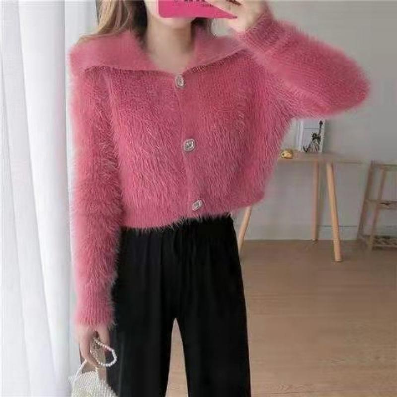Норковый флисовый кардиган, свитер, женский короткий свитер-поло, мягкий восковой осенний однотонный вязаный кардиган с ромбовидными пуговицами, маленький ароматный свитер, пальто