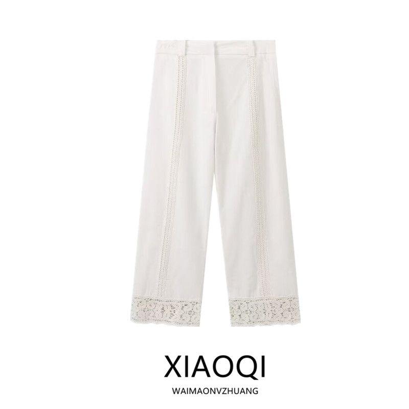 Fashion Style 2024 Autumn New Women's Mid-Waist Easiest for Match Linen Blended Crochet White Pants 4786262