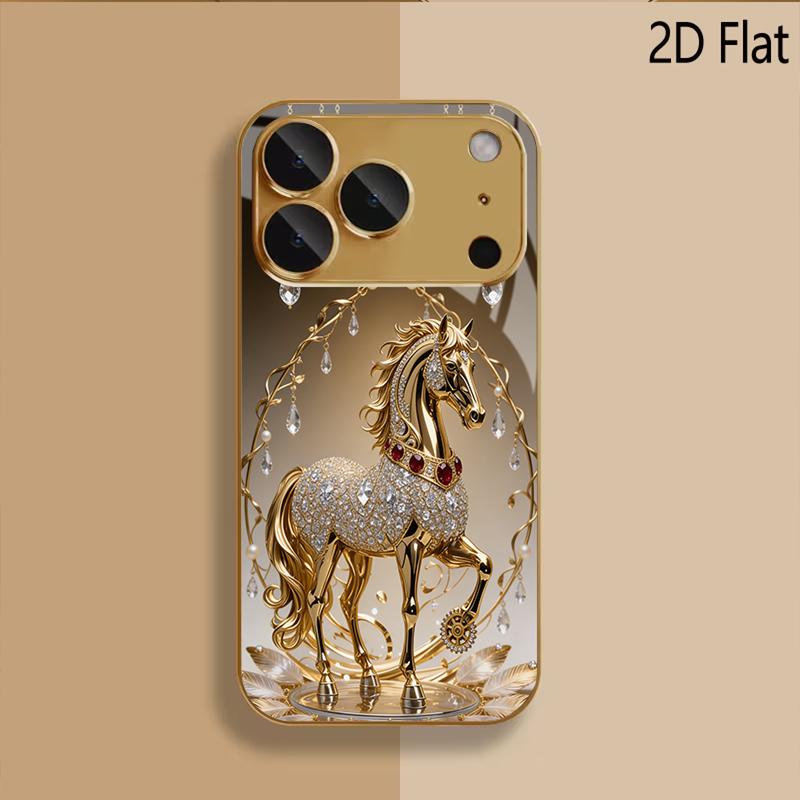 Дизайн закаленного стекла с узором Золотая Лошадь для iPhone 16 17 Pro Max 15 14 13 12 11 Pro Max Чехол для телефона Защитная крышка камеры Ударопрочный Жесткий B
