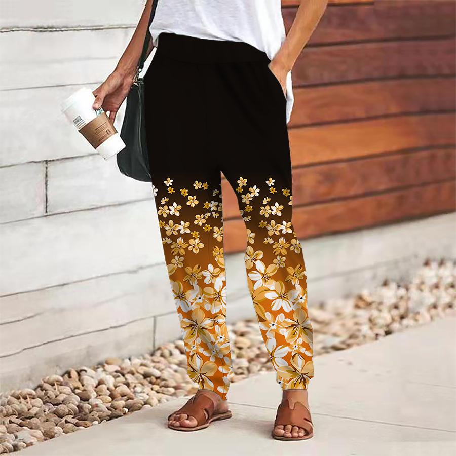 Women Flower Printing Pants Lace Up Elastic Waist Loose Trousers Casual Long Pants Trousers with Pockets